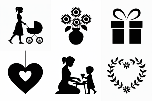 Mom and Baby Silhouette Icons for Crafts & Graphics